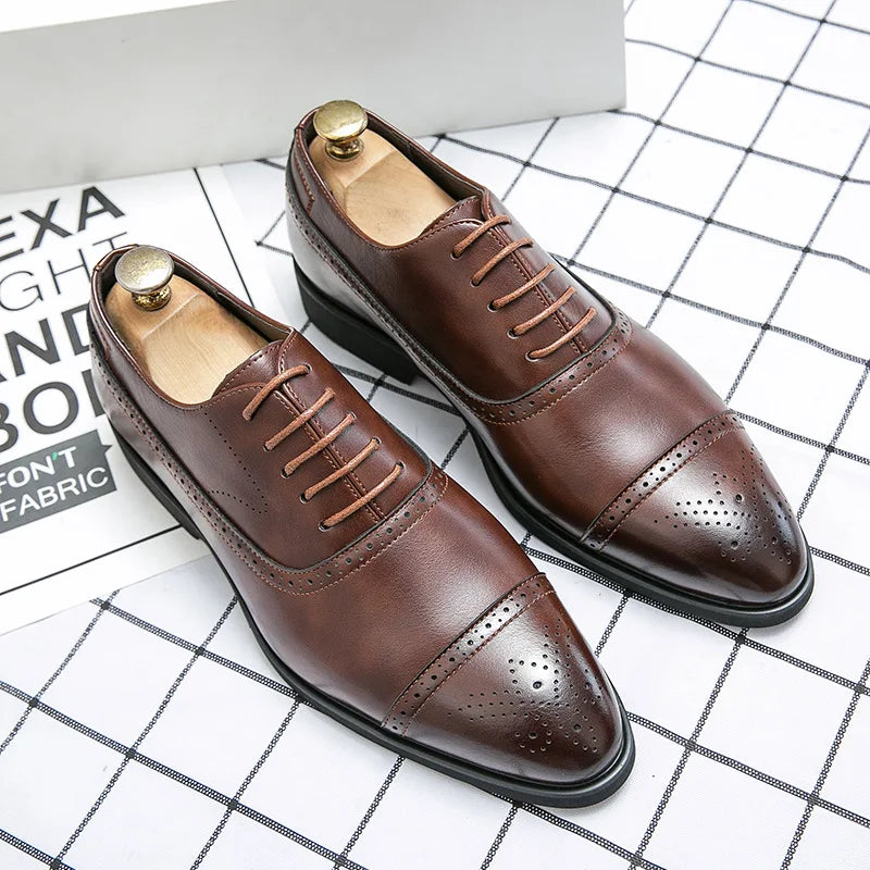 Men's Dress Shoes Red Sole Leather Shoes Pointed Party Shoe Lace-up Office Oxfords Casual Wedding Shoe Retro Business Men Shoes