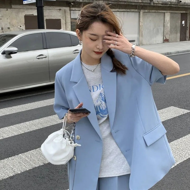 Pant Suits 2025 Spring and Summer Thin Casual Loose Short Sleeved Suit Jacket Women Suit Two-piece Set