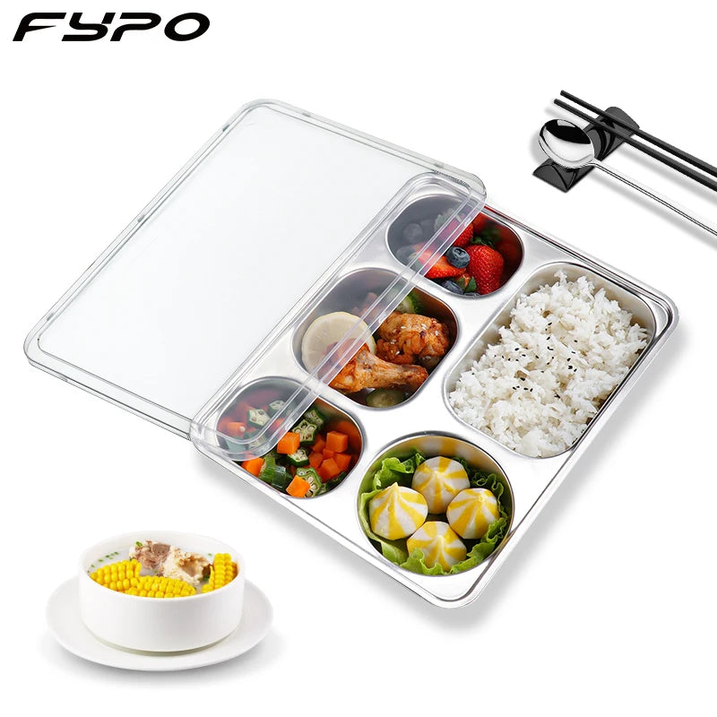 Stainless Steel Dinner Plate Divided Dinner Tray with Lid Food Storage Container Children School Canteen Tray Kitchen Tableware