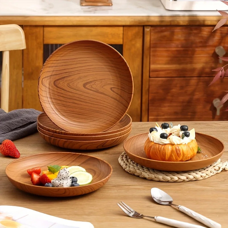 Wood grain colored dinner plates, salad plates, bread and sandwich plates, family dining plates.