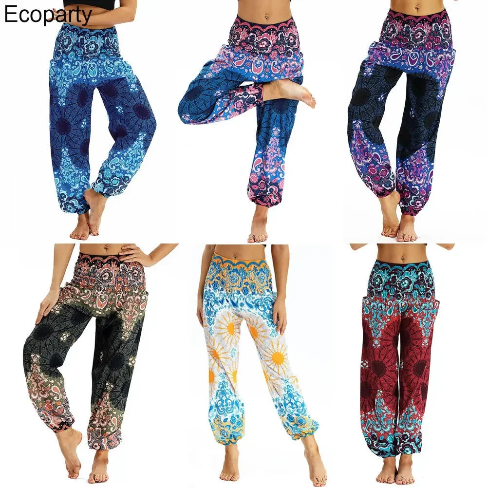 Women Yoga Pant Indian Nepal Loose Comfy Trousers Multicolor Bohemia Geometric Floral Print Wide Leg Pants Bloomers For Women