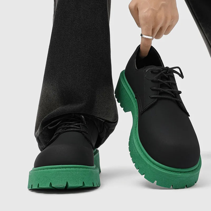 Men Leather Shoes Black Thick Sole Round Toe Platform Male Casual Derby Shoe Fashionable Young People Mixed Colors Trendy Shoes